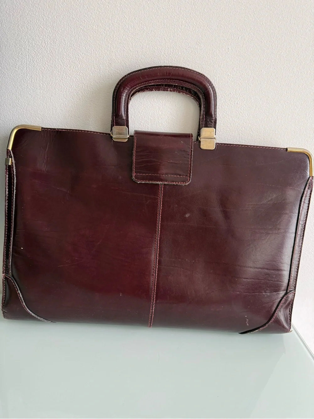 Classic Men's Leather Briefcase in Burgundy with Gold Accents